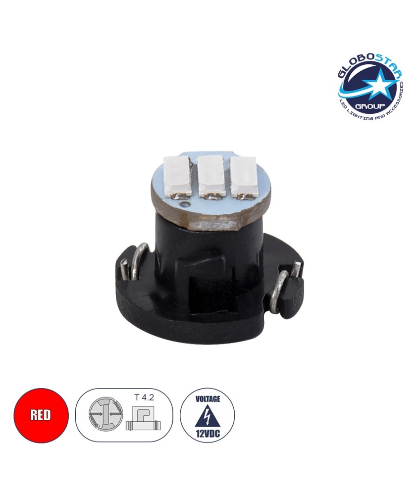 GloboStar® T4.2 81010 Λάμπα Αυτοκινήτου LED 3xSMD4014 0.6W 120lm 120° DC 12-16V  IP20 Μ1 x Π1 x Υ0.8cm Κόκκινο